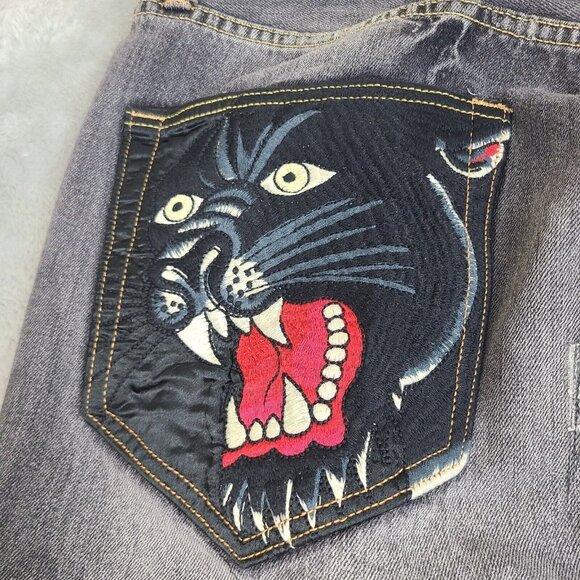 Ed Hardy Denim‎ embroidered black panther head patch leopard jean 40x34 Y2K Rare - Picture 9 of 12